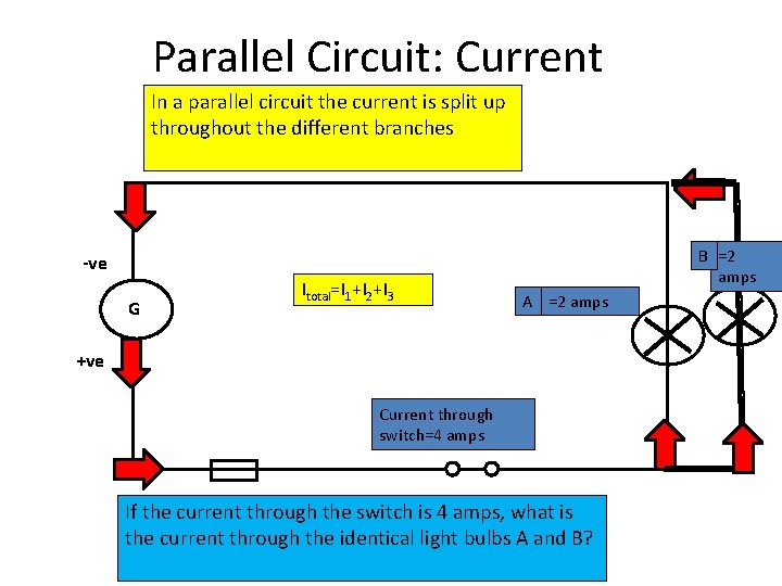 Parallel Circuit: Current In a parallel circuit the current is split up throughout the