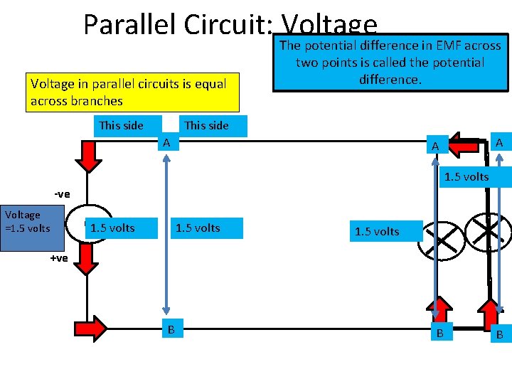 Parallel Circuit: Voltage in parallel circuits is equal across branches This side The potential