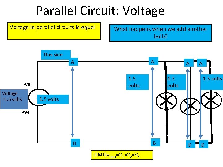 Parallel Circuit: Voltage in parallel circuits is equal What happens when we add another