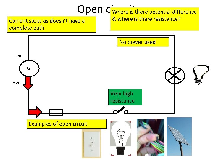 Open circuit Where is there potential difference Current stops as doesn’t have a complete