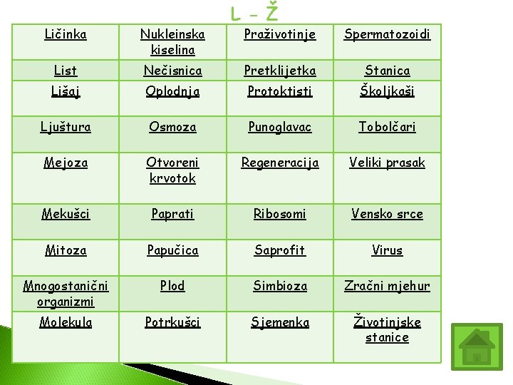 Ličinka Nukleinska kiselina List L - Ž Praživotinje Spermatozoidi Nečisnica Pretklijetka Stanica Lišaj Oplodnja Ličinka Nukleinska kiselina List L - Ž Praživotinje Spermatozoidi Nečisnica Pretklijetka Stanica Lišaj Oplodnja