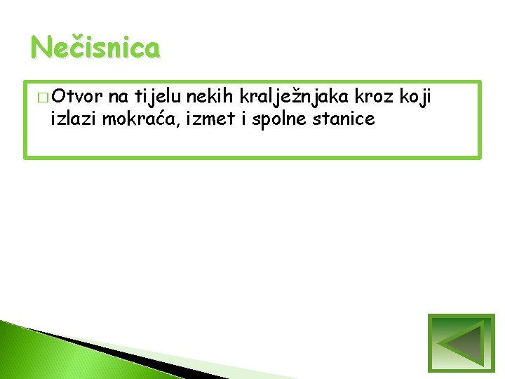 Nečisnica � Otvor na tijelu nekih kralježnjaka kroz koji izlazi mokraća, izmet i spolne Nečisnica � Otvor na tijelu nekih kralježnjaka kroz koji izlazi mokraća, izmet i spolne
