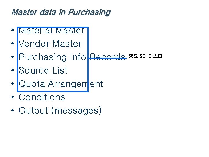 Master data in Purchasing • • Material Master Vendor Master Purchasing info Records Source