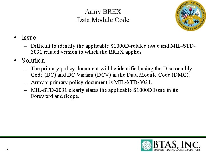 Army BREX Data Module Code • Issue – Difficult to identify the applicable S Army BREX Data Module Code • Issue – Difficult to identify the applicable S