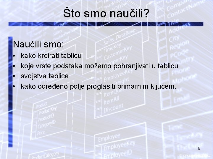 Što smo naučili? Naučili smo: • • kako kreirati tablicu koje vrste podataka možemo