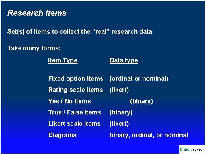 Research items Set(s) of items to collect the “real” research data Take many forms: