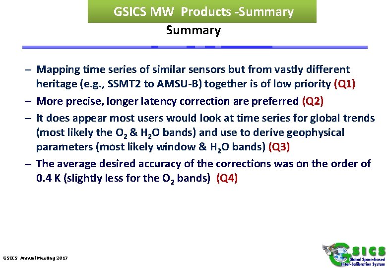 GSICS MW Products -Summary – Mapping time series of similar sensors but from vastly