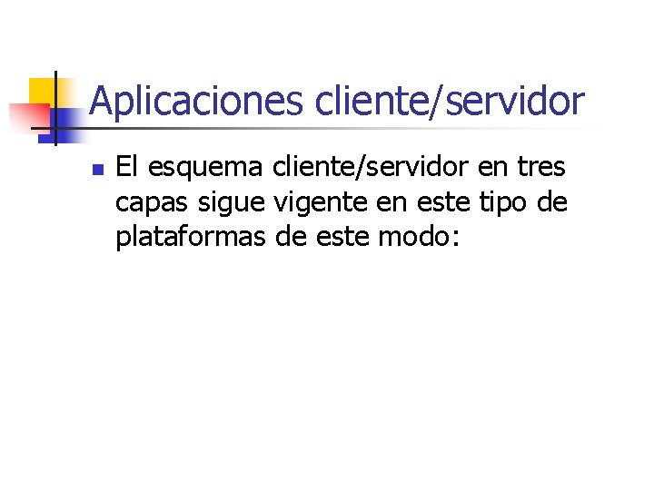 Aplicaciones cliente/servidor n El esquema cliente/servidor en tres capas sigue vigente en este tipo