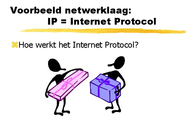 Voorbeeld netwerklaag: IP = Internet Protocol z. Hoe werkt het Internet Protocol? 