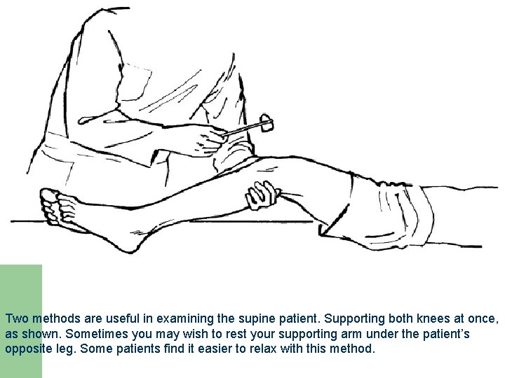 Two methods are useful in examining the supine patient. Supporting both knees at once, Two methods are useful in examining the supine patient. Supporting both knees at once,