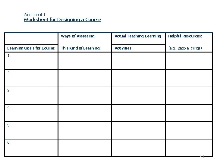 Worksheet 1 Worksheet for Designing a Course Learning Goals for Course: Ways of Assessing Worksheet 1 Worksheet for Designing a Course Learning Goals for Course: Ways of Assessing