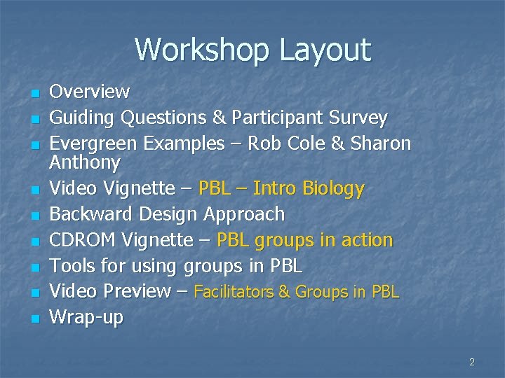 Workshop Layout n n n n n Overview Guiding Questions & Participant Survey Evergreen Workshop Layout n n n n n Overview Guiding Questions & Participant Survey Evergreen