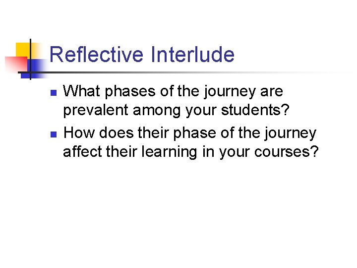 Reflective Interlude n n What phases of the journey are prevalent among your students? Reflective Interlude n n What phases of the journey are prevalent among your students?