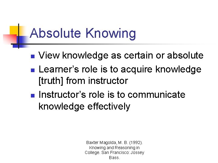 Absolute Knowing n n n View knowledge as certain or absolute Learner’s role is Absolute Knowing n n n View knowledge as certain or absolute Learner’s role is