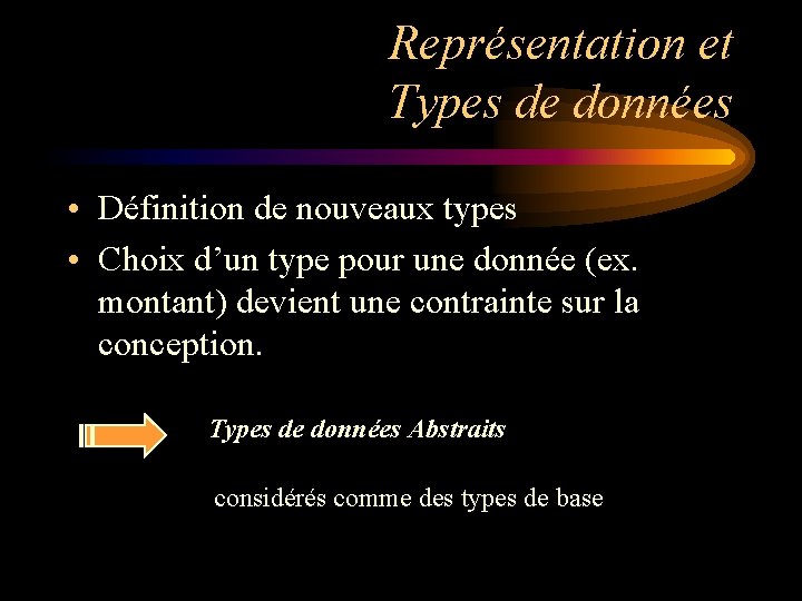 Représentation et Types de données • Définition de nouveaux types • Choix d’un type Représentation et Types de données • Définition de nouveaux types • Choix d’un type