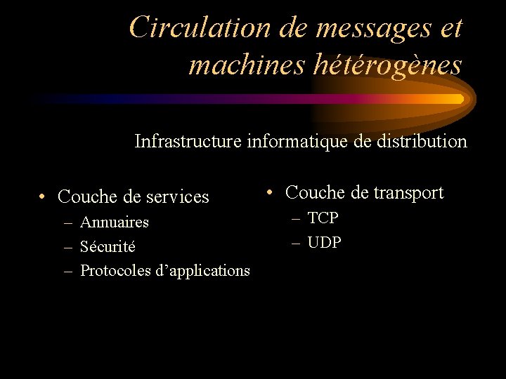 Circulation de messages et machines hétérogènes Infrastructure informatique de distribution • Couche de services Circulation de messages et machines hétérogènes Infrastructure informatique de distribution • Couche de services