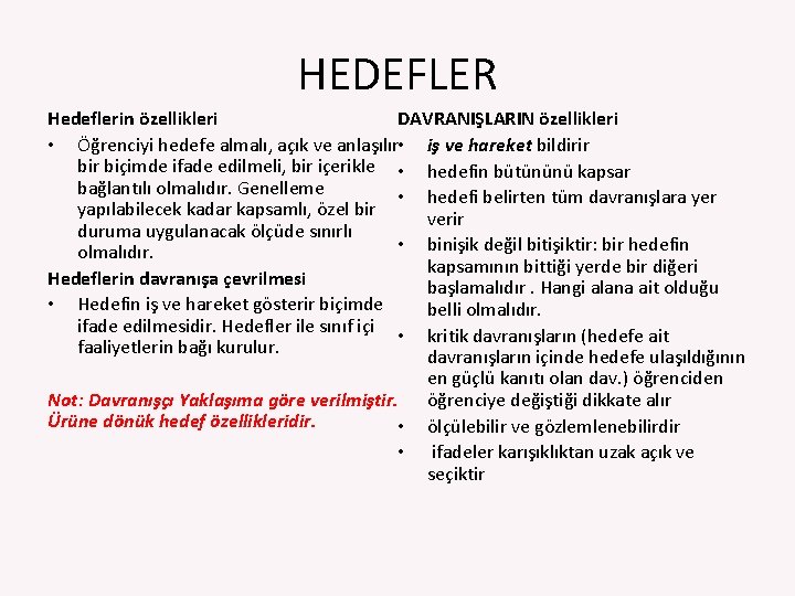 HEDEFLER Hedeflerin özellikleri DAVRANIŞLARIN özellikleri • Öğrenciyi hedefe almalı, açık ve anlaşılır • iş