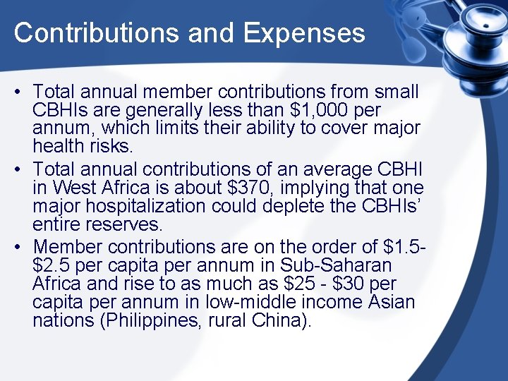 Contributions and Expenses • Total annual member contributions from small CBHIs are generally less