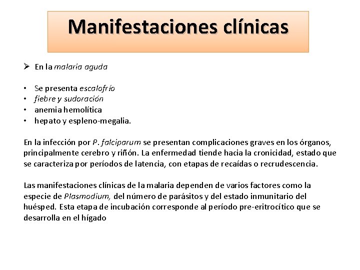 Manifestaciones clínicas Ø En la malaria aguda • • Se presenta escalofrío fiebre y