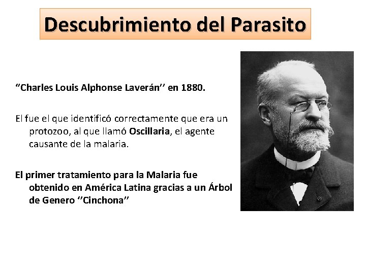 Descubrimiento del Parasito ‘’Charles Louis Alphonse Laverán’’ en 1880. El fue el que identificó