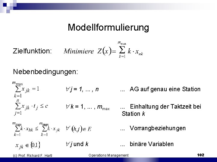 Modellformulierung Zielfunktion: Nebenbedingungen: (c) Prof. Richard F. Hartl j = 1, . . .