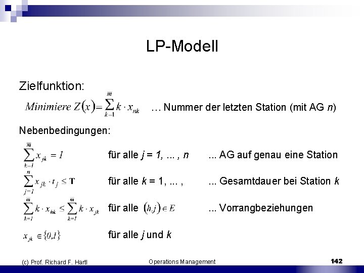 LP Modell Zielfunktion: … Nummer der letzten Station (mit AG n) Nebenbedingungen: (c) Prof.
