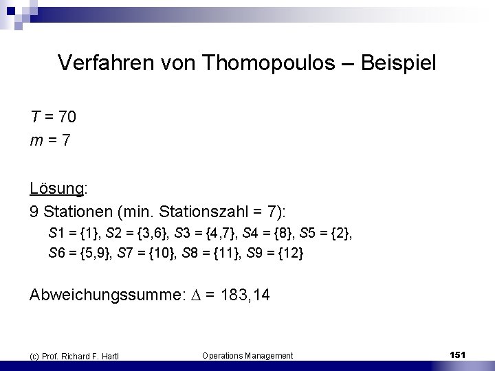 Verfahren von Thomopoulos – Beispiel T = 70 m = 7 Lösung: 9 Stationen