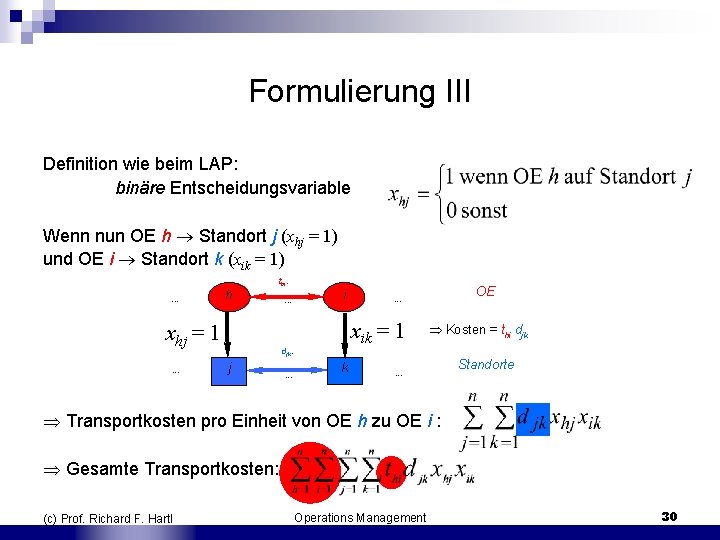 Formulierung III Definition wie beim LAP: binäre Entscheidungsvariable Wenn nun OE h Standort j