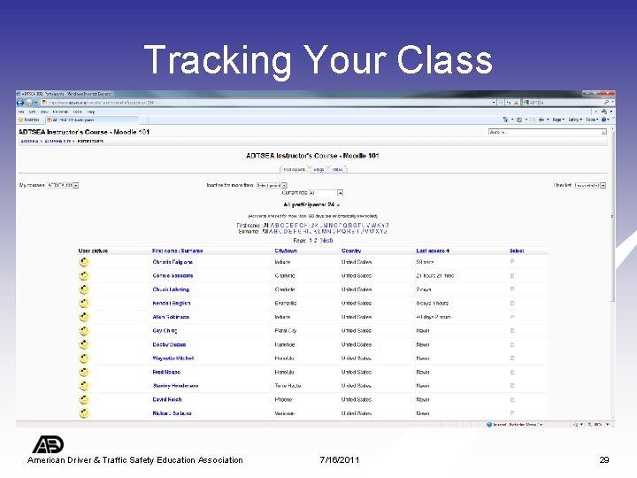 Tracking Your Class American Driver & Traffic Safety Education Association 7/16/2011 29 