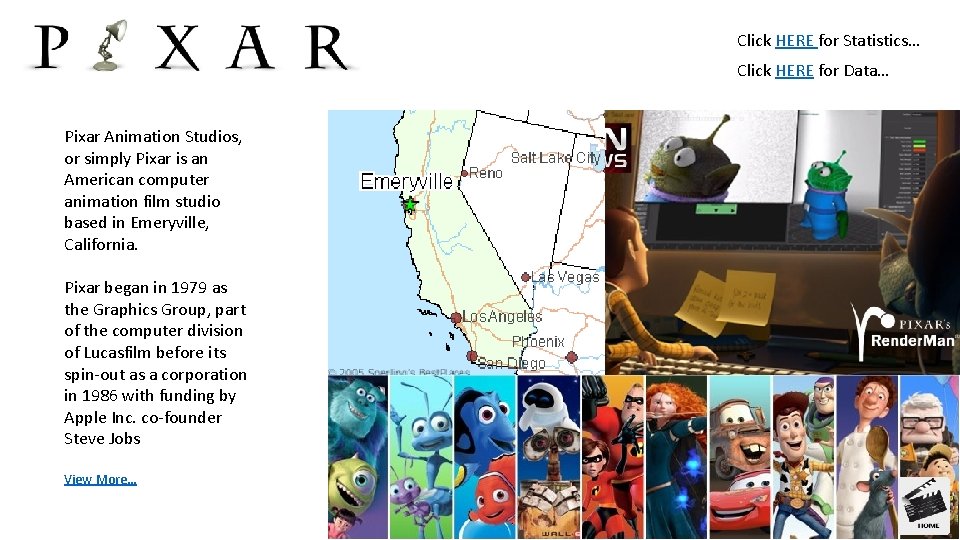 Click HERE for Statistics… Click HERE for Data… Pixar Animation Studios, or simply Pixar