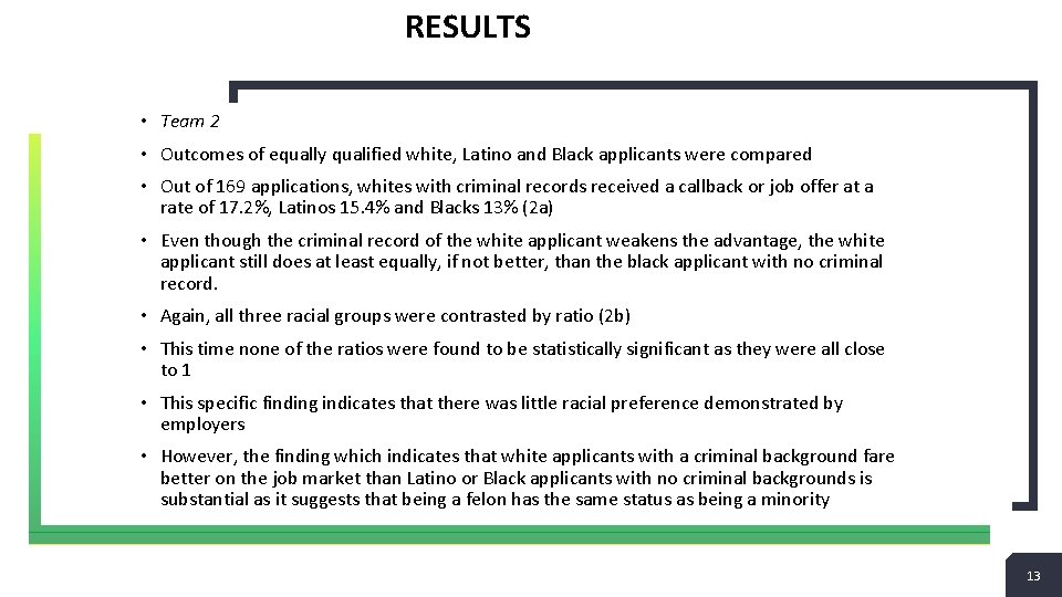 RESULTS • Team 2 • Outcomes of equally qualified white, Latino and Black applicants