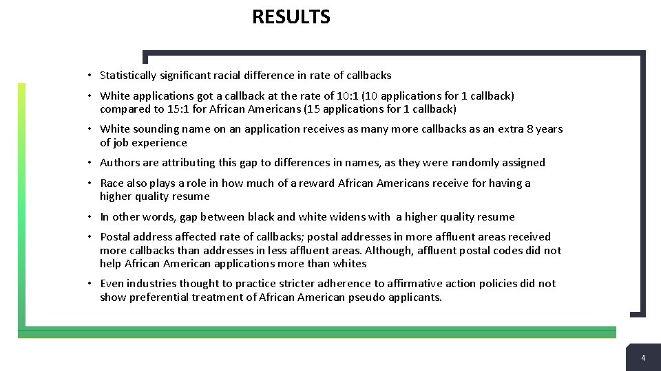 RESULTS • Statistically significant racial difference in rate of callbacks • White applications got