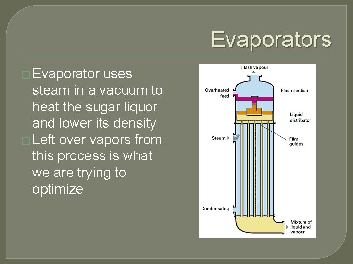 Evaporators � Evaporator uses steam in a vacuum to heat the sugar liquor and