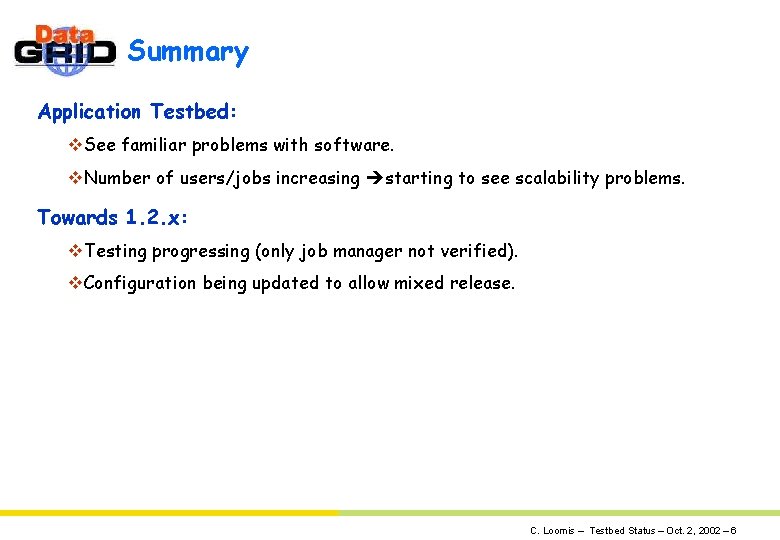 Summary Application Testbed: v. See familiar problems with software. v. Number of users/jobs increasing