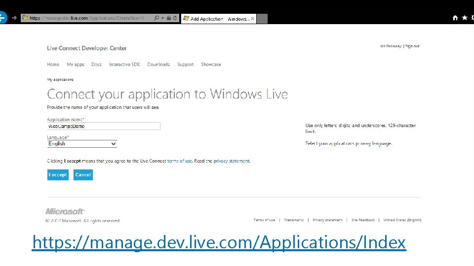 https: //manage. dev. live. com/Applications/Index Microsoft /web ® https: //manage. dev. live. com/Applications/Index Microsoft /web ®
