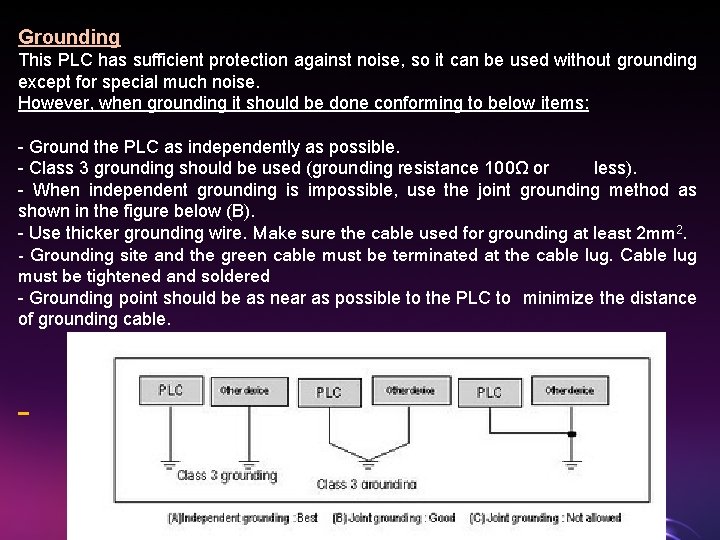 Grounding This PLC has sufficient protection against noise, so it can be used without