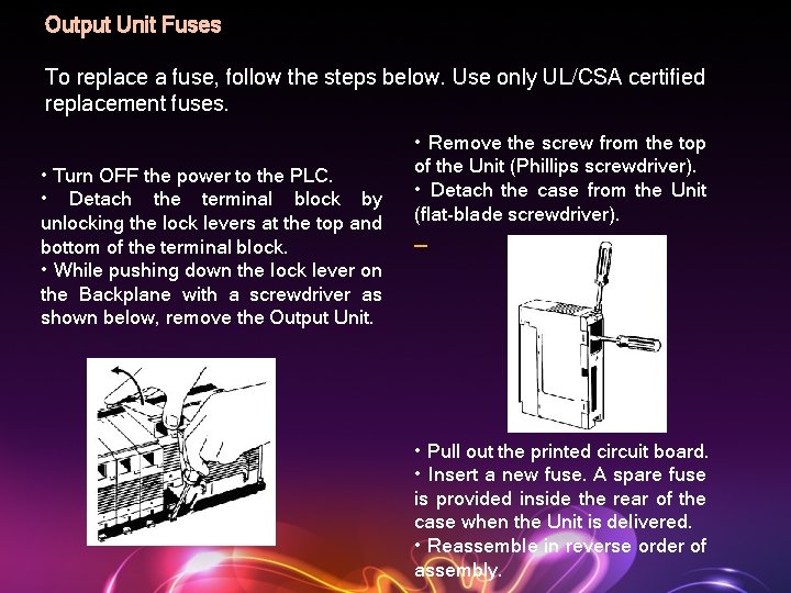 Output Unit Fuses To replace a fuse, follow the steps below. Use only UL/CSA