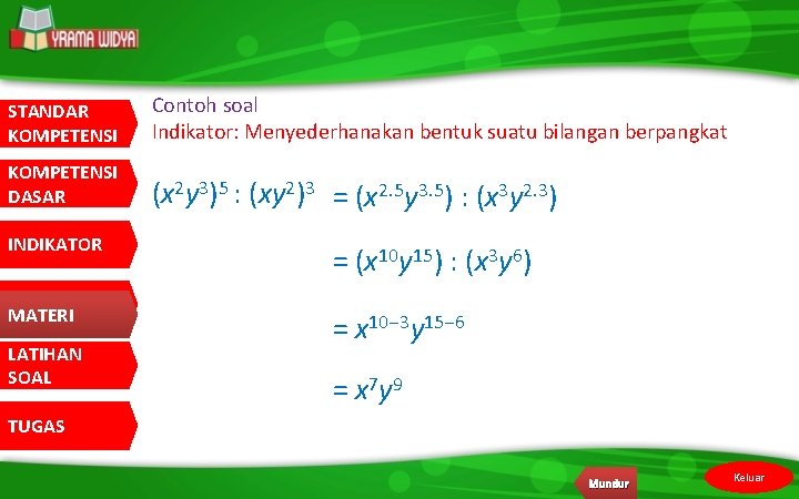 STANDAR KOMPETENSI Contoh soal Indikator: Menyederhanakan bentuk suatu bilangan berpangkat KOMPETENSI DASAR (x 2