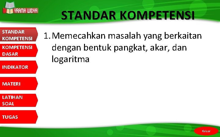 STANDAR KOMPETENSI KOMPETENSI DASAR INDIKATOR 1. Memecahkan masalah yang berkaitan dengan bentuk pangkat, akar,