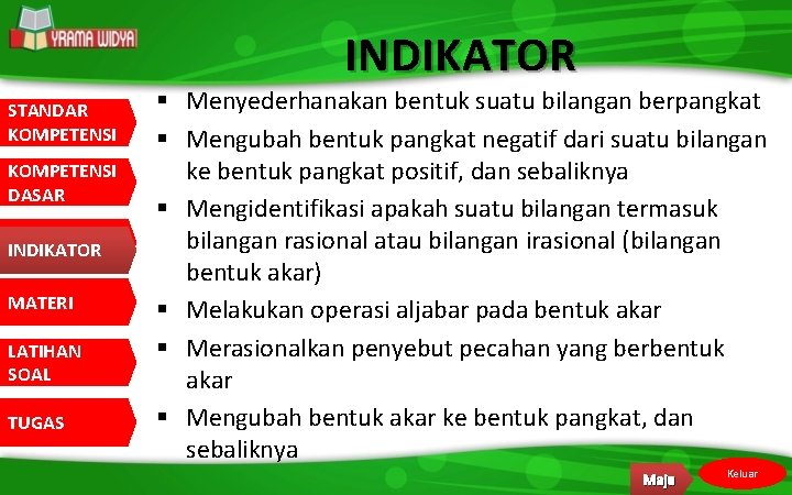 INDIKATOR STANDAR KOMPETENSI DASAR INDIKATOR MATERI LATIHAN SOAL TUGAS § Menyederhanakan bentuk suatu bilangan