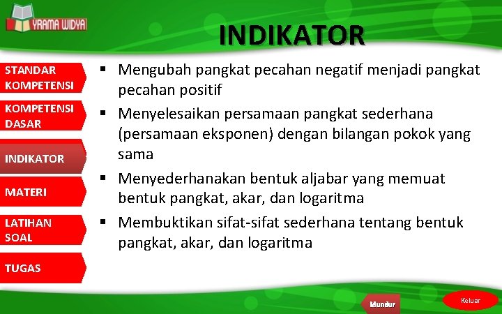 INDIKATOR STANDAR KOMPETENSI DASAR INDIKATOR MATERI LATIHAN SOAL § Mengubah pangkat pecahan negatif menjadi