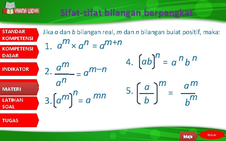 Sifat-sifat bilangan berpangkat STANDAR KOMPETENSI DASAR INDIKATOR MATERI LATIHAN SOAL Jika a dan b