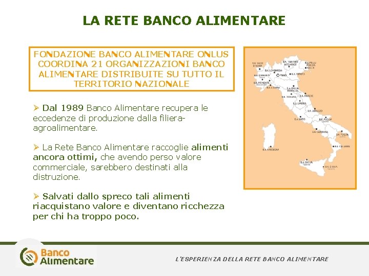 LA RETE BANCO ALIMENTARE FONDAZIONE BANCO ALIMENTARE ONLUS COORDINA 21 ORGANIZZAZIONI BANCO ALIMENTARE DISTRIBUITE