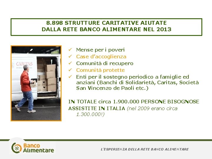 8. 898 STRUTTURE CARITATIVE AIUTATE DALLA RETE BANCO ALIMENTARE NEL 2013 ü ü ü