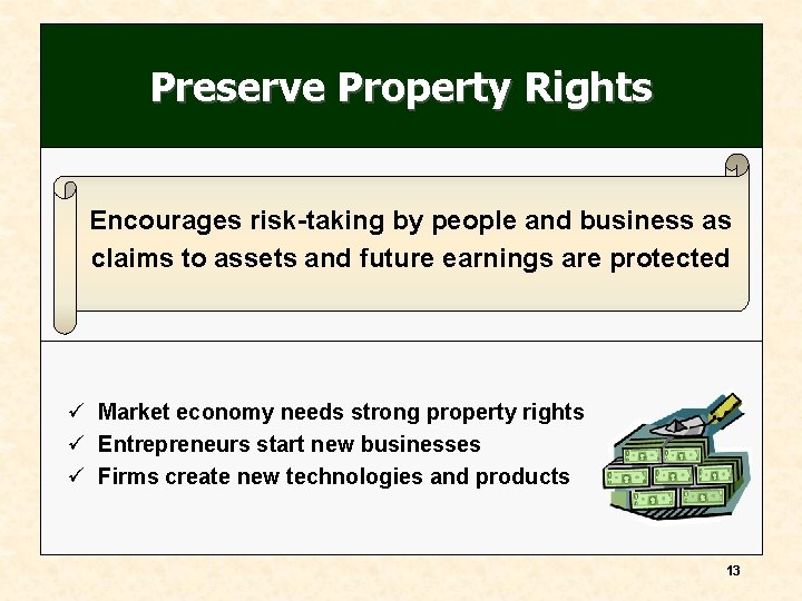 Preserve Property Rights Encourages risk-taking by people and business as claims to assets and Preserve Property Rights Encourages risk-taking by people and business as claims to assets and