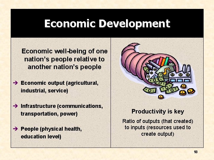 Economic Development Economic well-being of one nation’s people relative to another nation’s people è