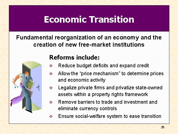 Economic Transition Fundamental reorganization of an economy and the creation of new free-market institutions Economic Transition Fundamental reorganization of an economy and the creation of new free-market institutions