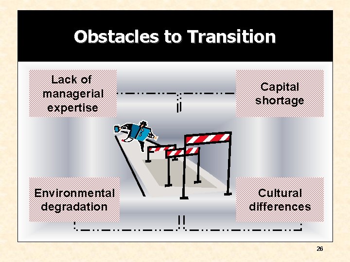 Obstacles to Transition Lack of managerial expertise Capital shortage Environmental degradation Cultural differences 26