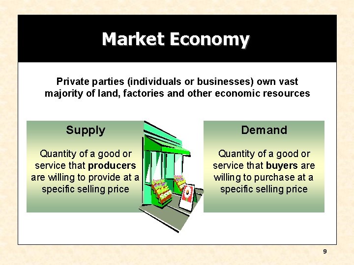 Market Economy Private parties (individuals or businesses) own vast majority of land, factories and Market Economy Private parties (individuals or businesses) own vast majority of land, factories and