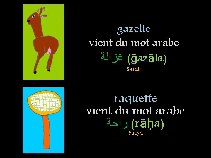 gazelle vient du mot arabe ( ﻏﺰﺍﻟﺔ ḡazāla) Sarah raquette vient du mot arabe